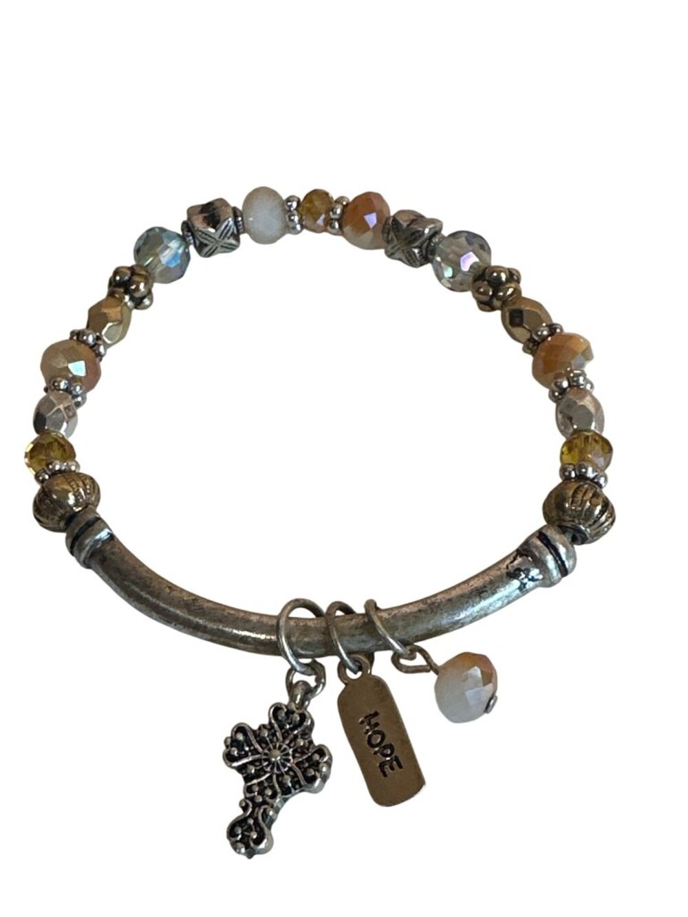 Beaded Stretch Bracelet Cross & "Hope" Charms Multicolor Beads Silver-Tone Accen